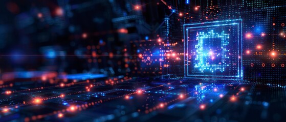 Imagining technology in future landscapes, where digital circles and starry patterns symbolize energy and time in a blue, glowing space of innovation