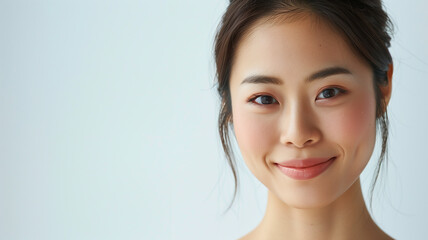 Obraz premium Asian woman with a gentle smile, set against a clean white background, focusing on her natural beauty and simplicity