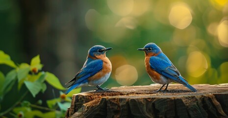 Bluebirds perched on a tree stump, with a natural background, scenic beautiful view