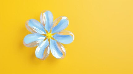 Inflatable blue and yellow plastic flowers on yellow background with free space