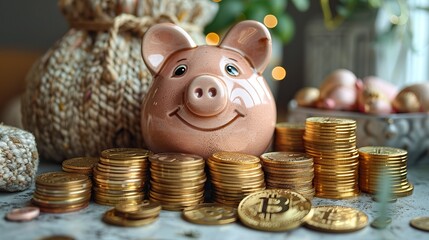 Charming piggy bank surrounded by gleaming coins, symbolizing financial prosperity and wise savings practices. illustration images