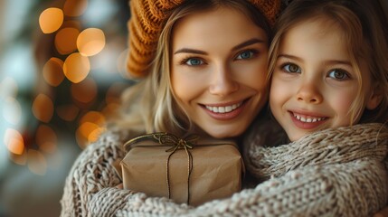 This heartwarming image captures a person wrapped in a cozy knitted sweater as they warmly embrace a beautifully wrapped present, symbolizing the joy of giving.