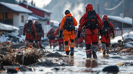 Emergency aid workers provide support after a natural disaster. illustration images