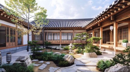 Fototapeta premium Traditional Korean courtyard featuring solarpowered lanterns