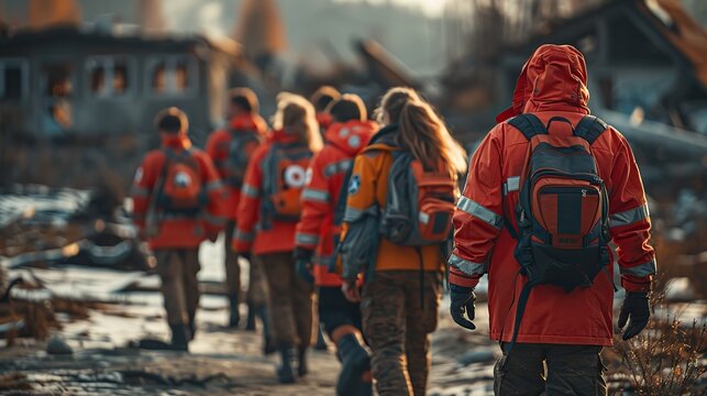 Emergency aid workers provide support after a natural disaster. illustration images