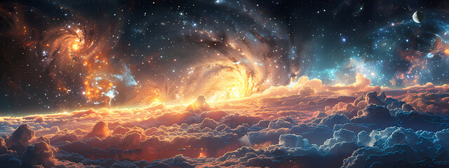 Stunning Cosmic Landscape with Vibrant Galaxies and Clouds