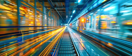 Speeding through the city's underground, with blurred lights and people rushing, showcasing the vibrant urban transport system's energetic movement and urbanization