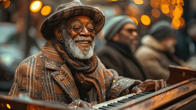 Seniors gather for festive sing-along around the piano on Christmas Eve. illustration images