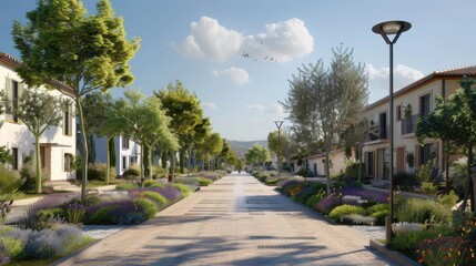 Obraz premium Modern sustainable community in a historic Spanish town with solarpowered street lamps and natural ventilation design