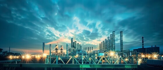 Obraz premium metal structures and cranes, a businessman surveys the bustling industry below, with a backdrop of steel buildings reaching into the cloudy night sky