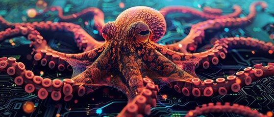 Naklejka premium A computer generated image of an octopus with a glowing red eye