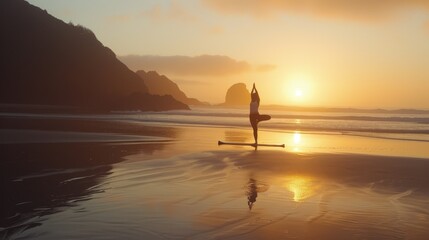 Person practicing yoga at sunrise on a beach AI generated