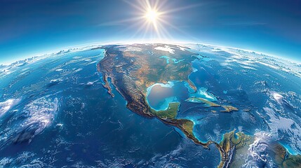 A highly detailed view of planet Earth from space, with the Sun shining over North America. illustration images