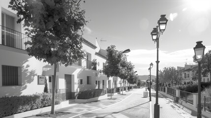 Fototapeta premium Sustainable community in a historic Spanish town with solarpowered street lamps and natural ventilation design, side view, portraying green living, digital tone, black and white
