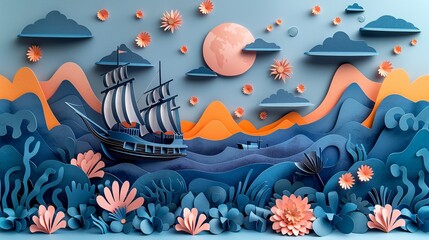 Paper craft undersea treasure hunt with sunken ships and hidden riches, ideal for adventure stories. Illustration, Minimalism,
