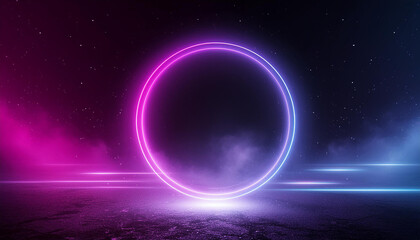 Fototapeta premium Glowing neon circle with colorful smoke on dark background. Pink and blue colors. Copy space. 3D