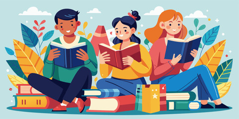 A group of people are seated on the ground, enjoying reading books together. A diverse group of individuals are gathered on the floor enjoying books together. They seem to be engaged in a moment of sh