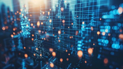 Futuristic data visualization representing a digital cityscape with glowing gridlines