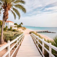 Obraz premium Beautiful beach.Summer holiday and vacation concept for tourism. Inspirational tropical landscape with palms and white pier