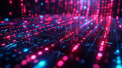 The abstract digital background showcases the operation of binary code and AI algorithms, reflecting the integration of artificial intelligence, data processing, and technology. 