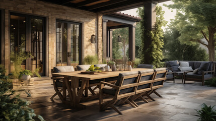 Fototapeta premium An industrial-inspired outdoor patio with a wooden dining table, cushioned chairs, a pergola, and lush greenery creating a serene and inviting atmosphere.