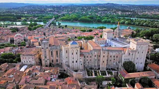 Aerial view of the largest and most important medieval Gothic buildings in Europe. Historical landmark Palais des Papes in Avignon, Southern France.