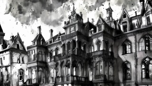 Eerie depiction of a decaying gothic mansion, rendered in charcoal and graphite on textured paper