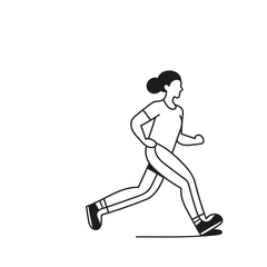 Girl, woman on a run. Run. Sport. Morning run. Postcard. Hand drawing, black and white vector illustration. Print. Poster.