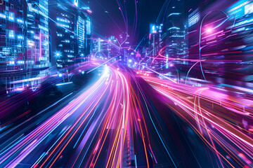 Fototapeta premium A futuristic cityscape with vibrant light trails.