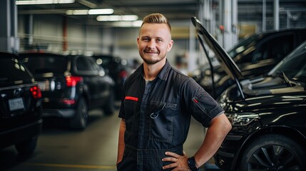 smiling Caucasian auto mechanic in uniform in a car repair and painting shop smilingly looks at the camera.specialized auto service center