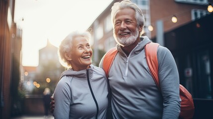 happy couple of Caucasian pensioners walking together along the city streets in sportswear