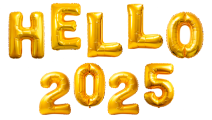 Golden Balloons letters yellow with the greeting HELLO 2025 are perfect for celebrating the New Years festivities. Foil gold 3d birthday metallic helium balloon. cutout PNG file