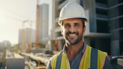 Fototapeta premium smiling Caucasian construction engineer in a hard hat and uniform in an orange vest against the background of multi-storey buildings under construction. portrait of a builder at a construction site