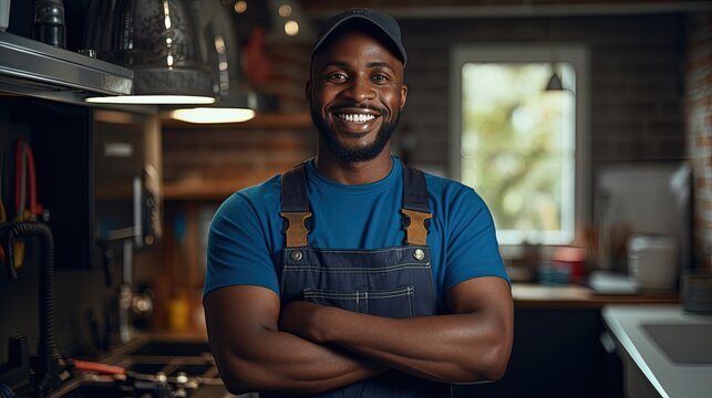 portrait of a smiling afro american plumber in uniform in the kitchen or bathroom. against the backdrop of repaired and installed plumbing fixtures