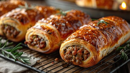Indulge in freshly baked flaky sausage rolls, perfect for holiday gatherings. illustration images