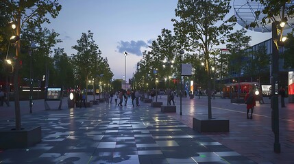 public square revitalized with kinetic paving that harvests energy from pedestrians' footsteps