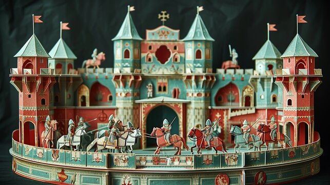 Paper craft medieval jousting tournament in a grand arena, ideal for historical reenactments. Illustration, Minimalism,