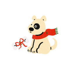 trendy simple cartoonish fluffy dog puppy character with scarf and bone present cute animal Christmas celebration hand drawn illustration style picture book children's book isolated background PNG