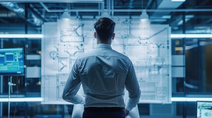 Fototapeta premium Engineer designing technical blueprints, back view, showcasing precision in engineering, futuristic tone, Triadic Color Scheme 