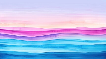 Fototapeta premium Abstract watercolor landscape painting with vibrant pink, purple, and blue layers, depicting a serene and peaceful horizon at dawn or dusk.