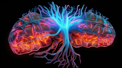 3D brain model with vibrant neon colors. Abstract image or digital artwork of human brain with multicolored or rainbow neon color glow in dark background. Neuroscience and creativity concept. AIG35.