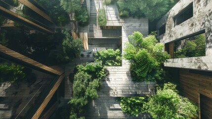 Fototapeta premium Stone and timber construction with lowimpact building design and energyefficient design, top view, showcasing sustainable architecture, futuristic tone, vivid