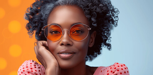 Colorful Retro Futuristic African American Model in Avantgarde Attire with Large Sunglasses on Pop Art Background