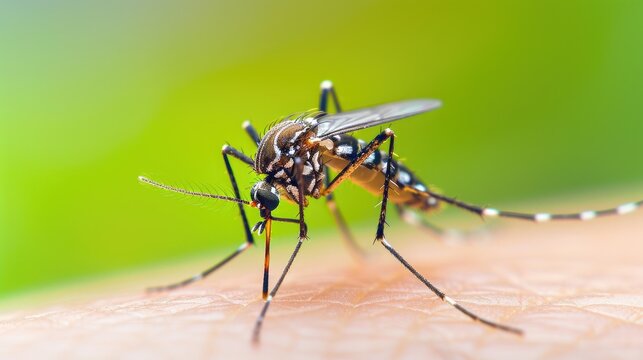 Close-up of a mosquito on human skin with a green background, highlighting the details of its body and legs.