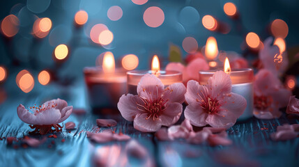 Tranquil spa background with candles and cherry blossom flowers on wood table, luxury spa template with soothing elements, wellness ambiance, relaxation banner, tranquil spa atmosphere