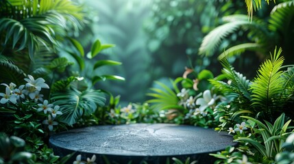An elegantly designed stone platform surrounded by an array of tropical plants and white flowers, ideal for product photography or a fresh tropical theme.