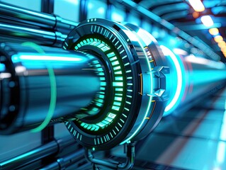 Futuristic technology concept with glowing machinery in a high-tech environment, representing innovation and advanced engineering.