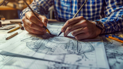 Naklejka premium engineer makes a drawing, close up