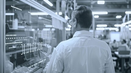 Fototapeta premium Senior engineer supervising factory floor, back view, focusing on production processes, digital binary as object, Monochromatic Color Scheme