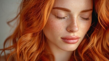 Naklejka premium An ethereal portrait of a red-haired woman with her eyes closed, highlighting her beautiful freckled skin, and a serene, introspective expression complemented by soft lighting.
